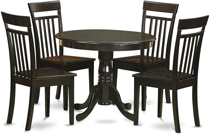 East West Furniture ANCA5-CAP-W 5 Piece Dining Set Includes a Round Dining Room Table with Pedestal and 4 Wood Seat Chairs, 36x36 Inch, Cappuccino
