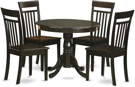 East West Furniture ANCA5-CAP-W 5 Piece Dining Set Includes a Round Dining Room Table with Pedestal and 4 Wood Seat Chairs, 36x36 Inch, Cappuccino