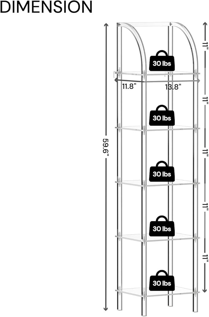 5-Tier Acrylic Arched Bookcase, Square Legs, 13.8''W x 11.8''D x 59.6''H, Clear Narrow Bookshelf for Small Space, Unique Book Shelves for Home Office, Living Room, Bedroom, Modern
