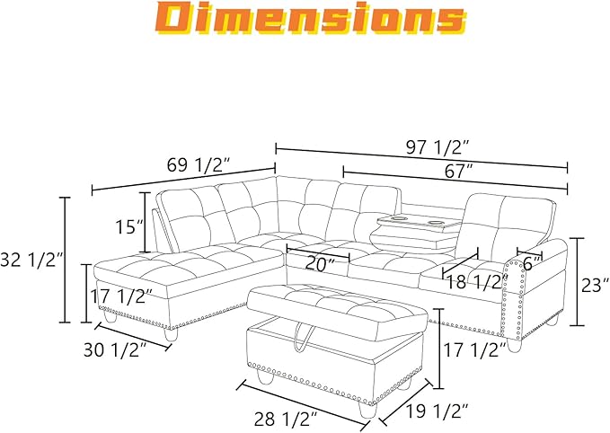 L Shaped Sectional Couch with Otttoman, 97" Leather Sectional Sofa for Living Room Modular Couches with Cup Holders for Bedroom, Apartments, Grey