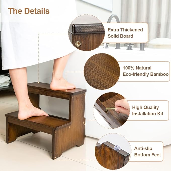 StrongTek Bamboo Two Step Stool for Adults and Kids, Bed Stepstool with Anti-Slip Bottom, Heavy Duty for Kitchen, Bathroom, Bedside Step Stool, Wooden Step Stairs 350 lbs Capacity