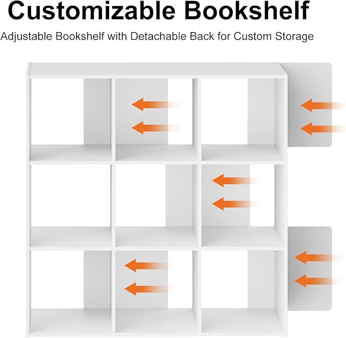 Sweetcrispy 9 Cube Storage Organizer - Open Cube Bookshelf with 5 Removable Back Panels, Display Storage Bookcase for Living Room, Bedroom, Entrance Hall, Home Office，36" L×11.6" W×36" H, White