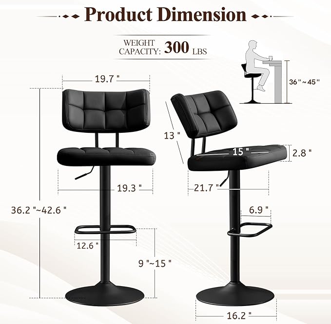 Furniliving Modern Bar Stools Set of 2 Faux Leather, Upholstered Swivel Barstools with Back, Adjustable Bar Chairs Counter Height for Kitchen Island, Dining Space, Black