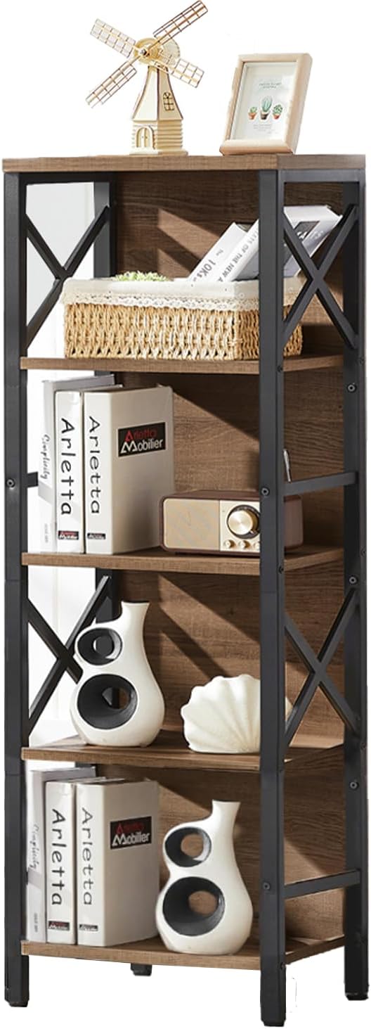 Small Bookshelf,5 Tier Industrial Bookshelf with Metal Frame and Backboard,Narrow Rustic Brown Book Shelf,Book case for Small Spaces,Living Room,Bedroom and Home Office