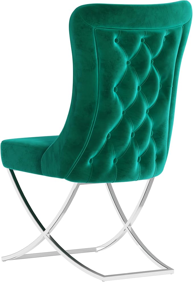 Ottomanson Royal Dining Chairs Set of 2 – Upholstered Tufted Microfiber, Assembled, Silver Metal Legs, Beech Wood Frame, 350 lb Capacity, Green