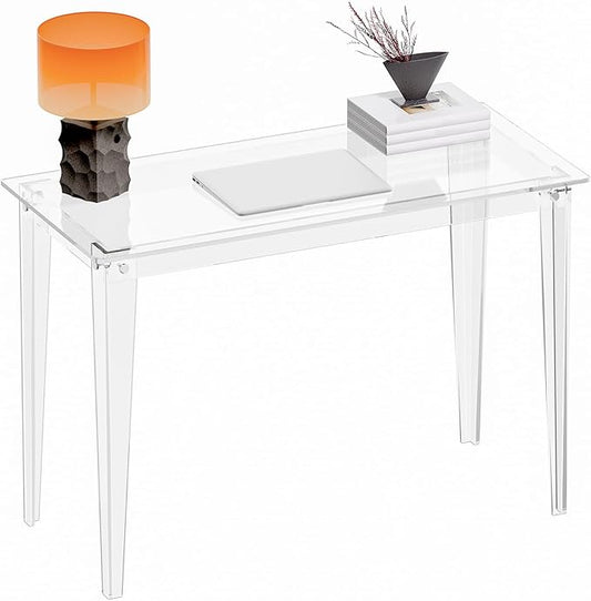 HMYHUM Acrylic Computer Desk, 43.3 Inch, Clear Study Desk for Home Office, Writing, Vanity, Modern, Easy Assembly, 19.7" W x 29.5" H, Right-Angle Legs Design