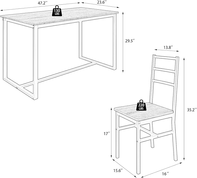 5-Piece Dining Table Set with 4 Chairs, 47.2" Kitchen Table Chairs Set of 4, Rectangular Industrial Style Dining Room Table Set with Backrest, Perfect for Small Space, White Oak