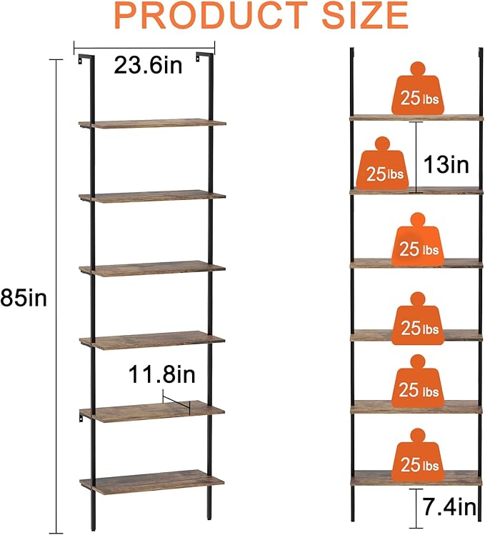 Bookcase Rustic Brown 6 Tiers Modern Bookshelf Room Organizer Open Tall Wall Mount Bookcase Standing Leaning Wall Shelves Industrial Decorative Living Room Bed Room (Rustic Brown)