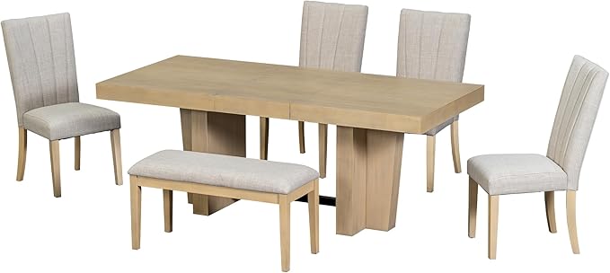 Ball & Cast 6 Piece Farmhouse Dining Table Set with Extendable Table,4 Upholstered Chairs & 1 Bench,Wooden Kitchen Table Set of 6,Backrest Chair with Table & Upholstery-Bench,for Dining Room,Natural