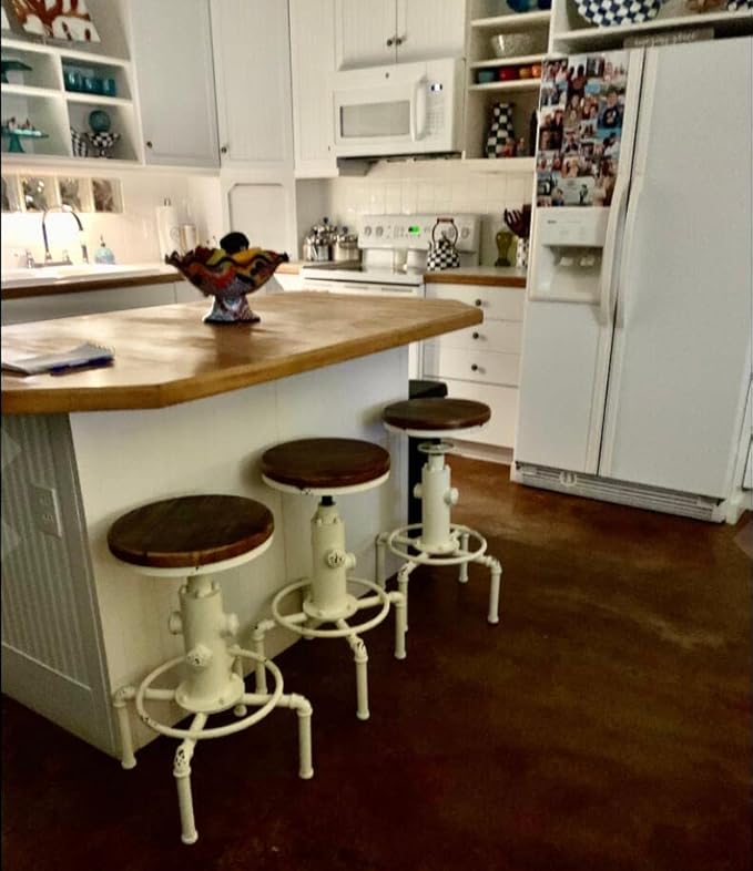 Topower Aged Antique Vintage Industrial Barstool Solid Wood Water Pipe Fire Hydrant Design Cafe Coffee Industrial Bar Stool Set of 2 Antique White