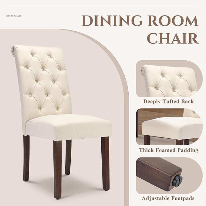 COLAMY Tufted Dining Chairs Set of 2, Accent Parsons Diner Chair Upholstered Fabric Stylish Kitchen Chairs with Solid Wood Legs and Padded Seat, Beige