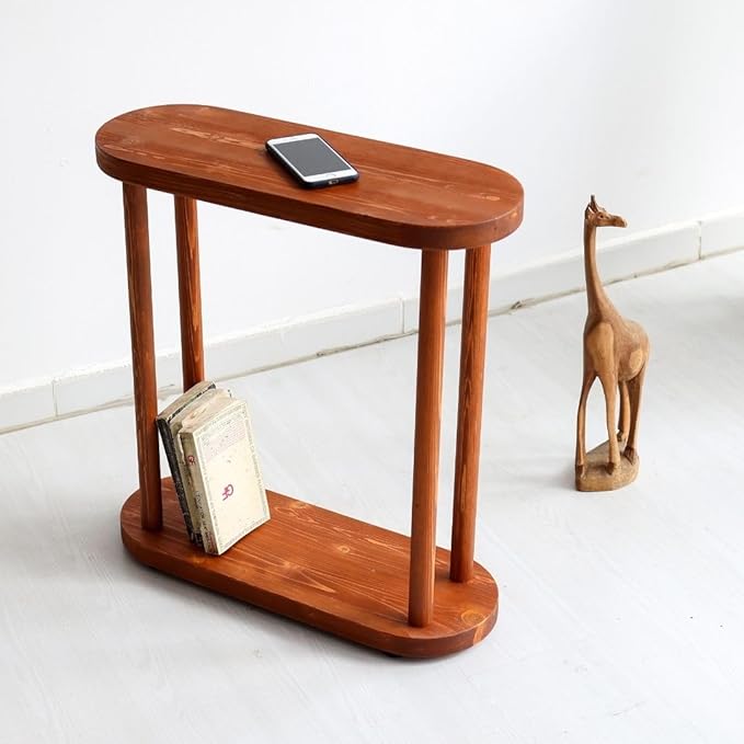Oval Solid Wood Narrow Side Table, Slim Small Pedestal Coffee Table for Living Room, Modern Minimalist Design for Small Spaces, Recliner Drink Table (Chestnut, Medium)