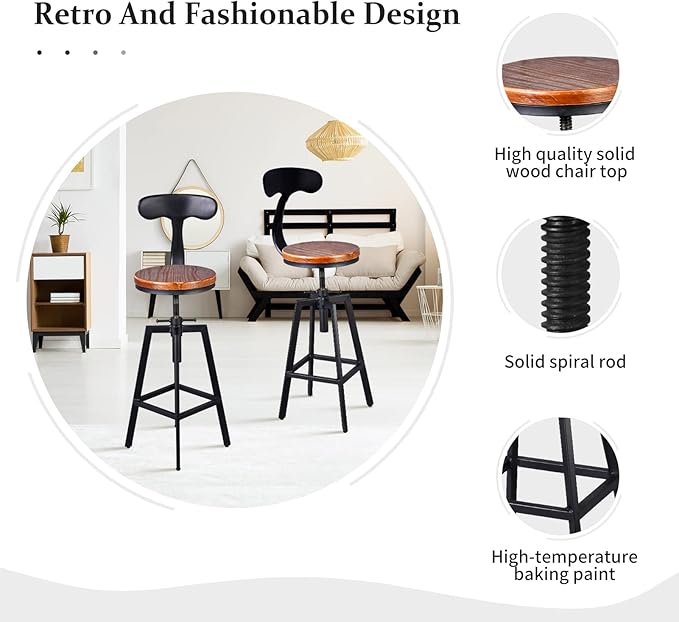 Diwhy Industrial Bar Stools,Kitchen Dining Chair,Wood Top Stool,Adjustable Height Swivel Counter Height Bar Chair with Metal Backrest,Black,Fully Welded Set of 2 (Brown Wooden Top with Iron Backrest)