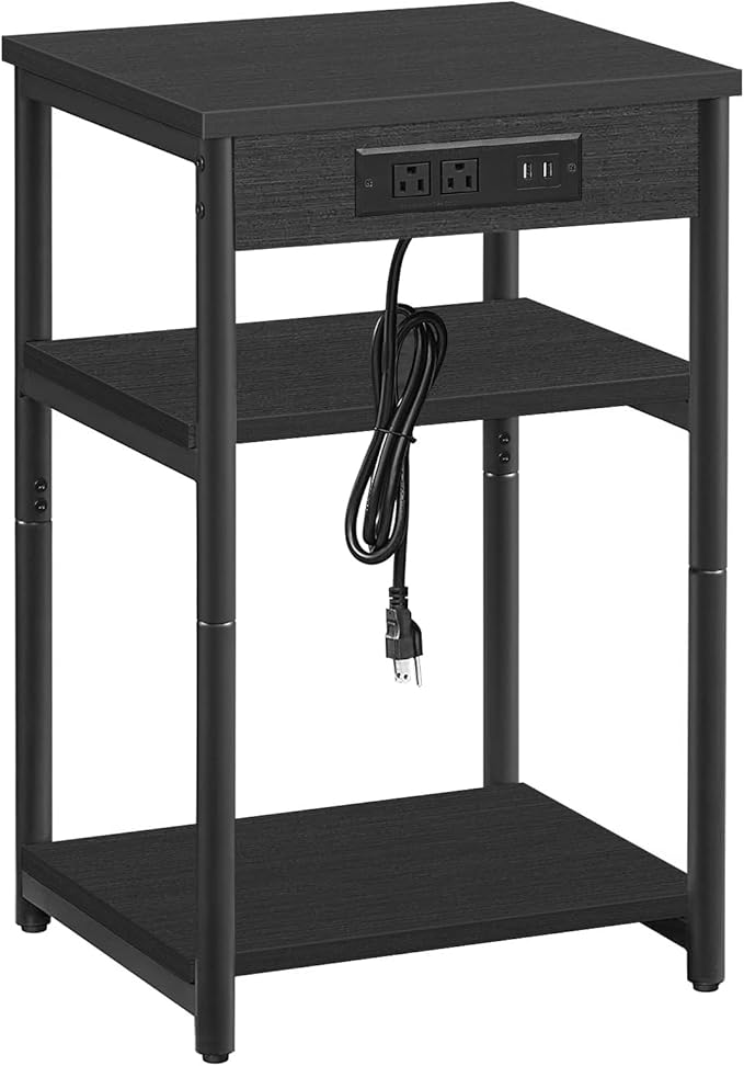 TUTOTAK End Table with Charging Station, Nightstand, 3-Tier Couch Side Table with USB Ports and Outlets, Bedside Table for Small Space, Living Room TB01BK026