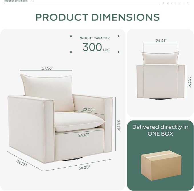 COLAMY Swivel Accent Chair, 34 Inches Upholstered Arm Chair with Plump Back Pillow, Modern Sofa Living Room Chair for Bedroom, Corner, Reading Beige