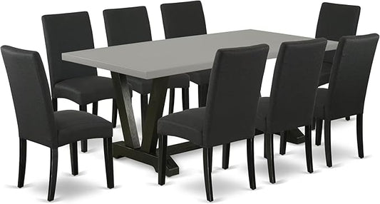 East West Furniture V697DR124-9 9 Piece Dining Table Set Includes a Rectangle Dining Room Table with V-Legs and 8 Black Color Linen Fabric Upholstered Chairs, 40x72 Inch, Multi-Color