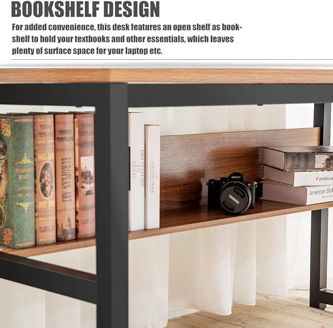 TOPSKY Computer Desk with Bookshelf/Metal Hole Cable Cover 1.18" Thick Desk (55", Oak Brown)