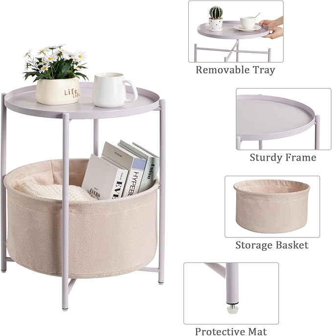 danpinera Round Side Table with Fabric Storage Basket, Metal Side Table Small Bedside Nightstand with Removable Tray Top for Living Room, Bedroom, Nursery, Laundry, Light Violet