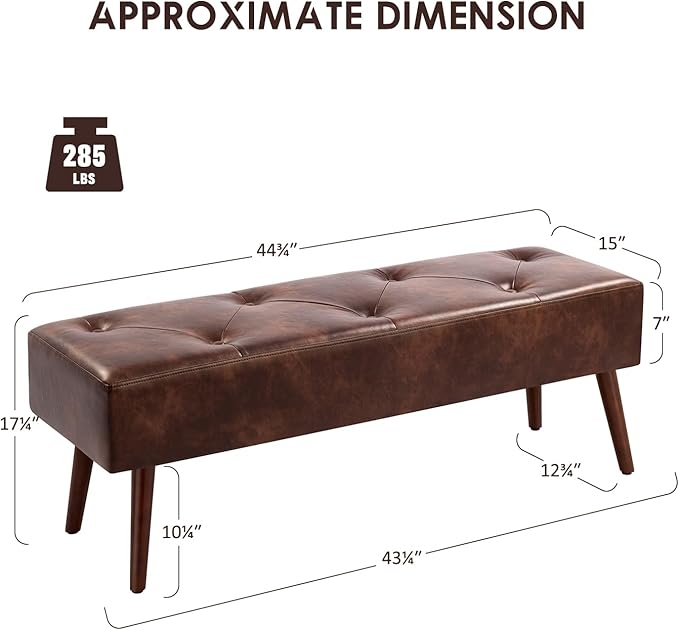 Furniliving 44 Inch Tufted Bench, Leather Footrest Bedroom Bench Seat, Upholstered Leather Indoor Bench Beathable Fabrics Ottoman Bench with X-Shaped Wood Legs for Kitchen, Solid Wood Indoor Bench