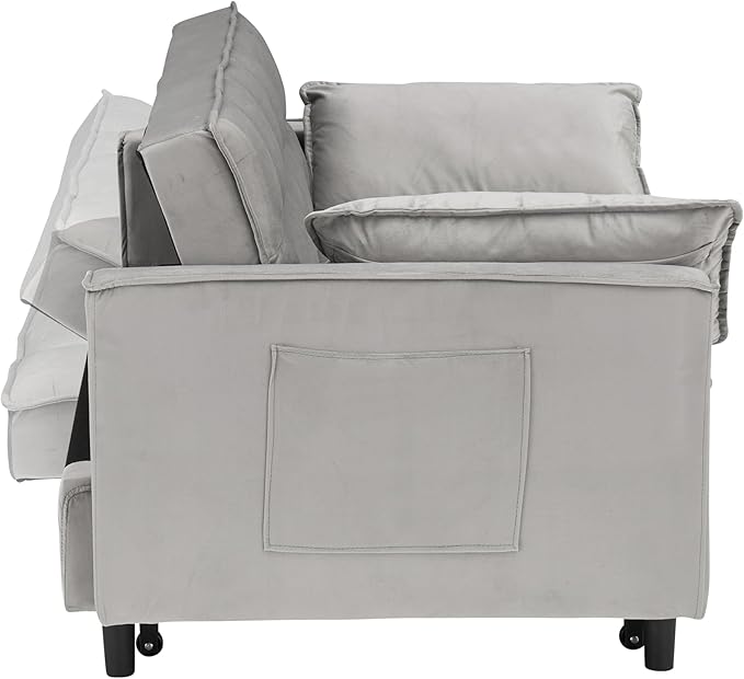 Ball & Cast Velvet Futon Sofa Couch with Pull-Out Bed,3 in 1 Convertible Sleeper Sofa Bed,Convertible Pull Out Couches W/2 Pillows,Adjustable Backrest & Side Pocket,for Living Room,Apartment,Gray,55"