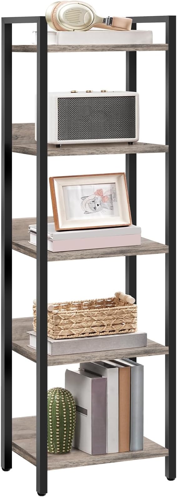 5-Tier Bookshelf, Bookcase, Shelves Organizer for Small Spaces, Storage Shelf Organizer, for Living Room, Bedroom, Study, Balcony, Greige and Black BKHG5501