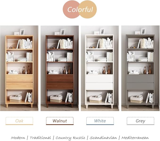 IOTXY White Mid-Century Bookcase with Legs - 67" Tall Open Shelves Cube Billy Bookshelf with Double Drawers for Home and Office