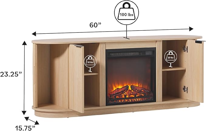 Walker Edison Chloe Reeded TV Stand with Fireplace Insert, 65 Inch, 60 inch, Coastal Oak