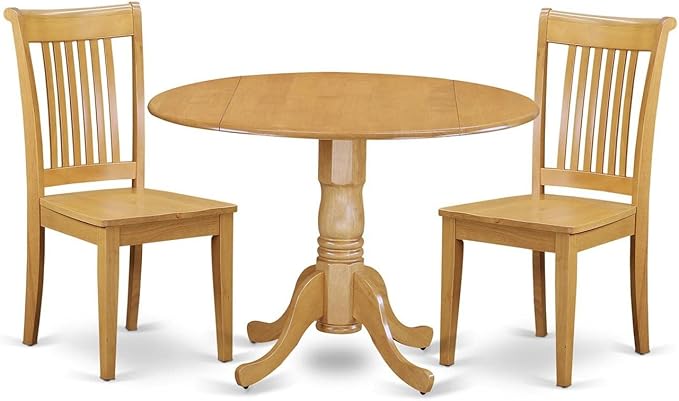 East West Furniture DLPO3-OAK-W 3 Piece Dining Room Furniture Set Contains a Round Kitchen Table with Dropleaf and 2 Dining Chairs, 42x42 Inch, Oak