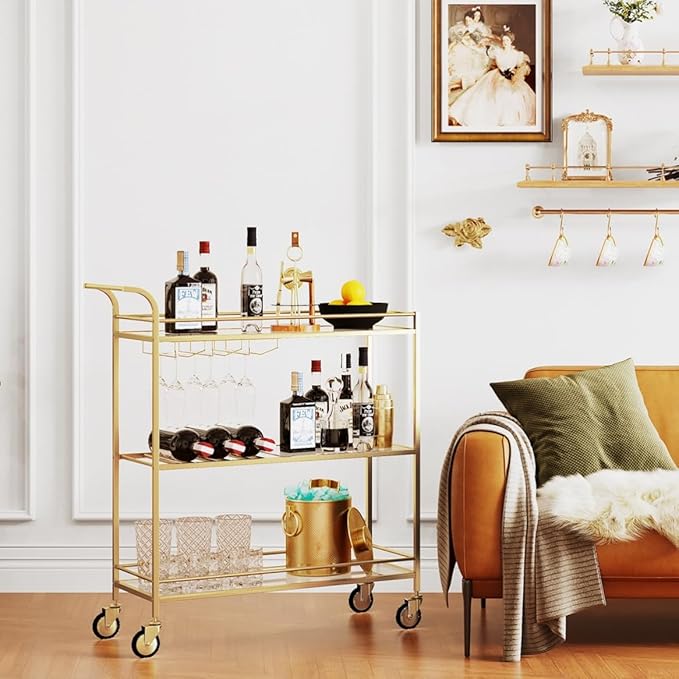 Gold Bar Cart, Home Bar Serving Cart with Handle, Wine Cart with 3-Tier Glass Shelves, Beverage Cart with Wine Rack and Glass Holder, Bar Carts for The Home, Dining Room, Living Room