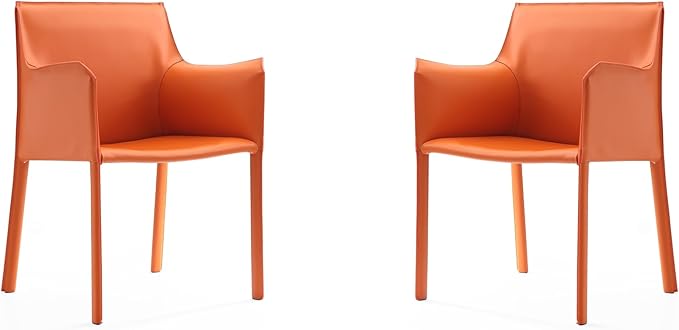 Manhattan Comfort Paris Modern Saddle Leather Dining Chairs, Metal Frame, Comfortable Padded Seat, Fully Assembled Armchair Accent Furniture, Set of 2, Coral