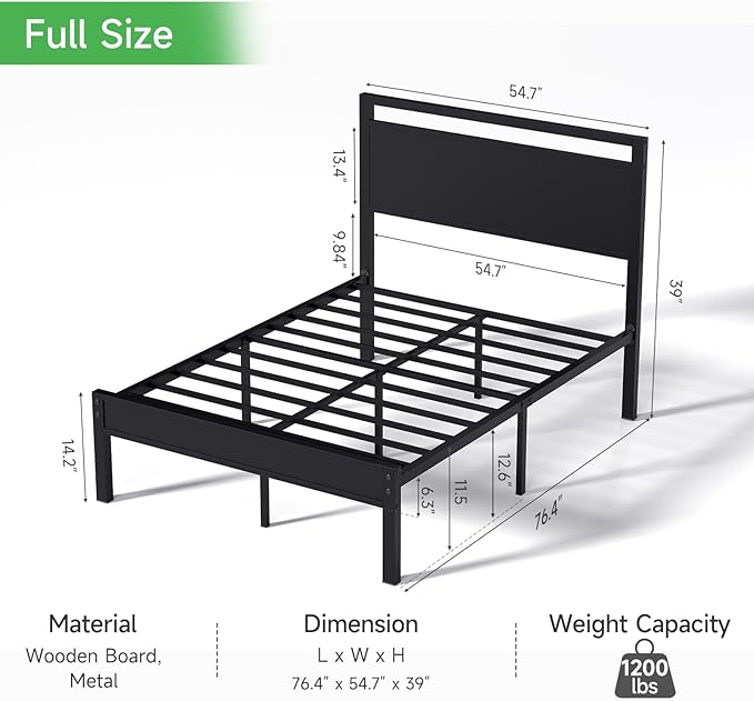 Z-hom Upgraded Full Size Bed Frame, Heavy Duty Metal Sturdy Full Bed Frame with Modern Wood Headboard & Footboard, Stable Platform Bed Furniture Bed Storage, No Noise, No Box Springs, Black