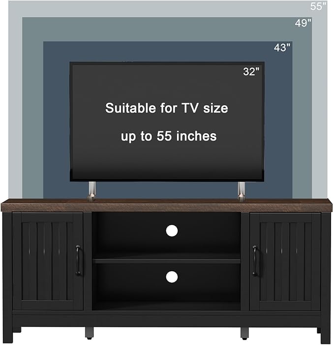 ChooChoo Farmhouse TV Stand for Televisions up to 55 inches, Entertainment Center Console Table Media Furniture with Storage Cabinets and Open Shelves, Fluted Door, for Living Room Bedroom, Black