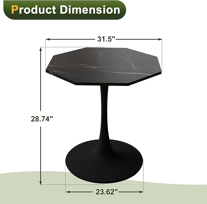 Dining Table for 2-4, 31.5" Kitchen Table with Printed Marble Top, Modern Tables for Dining Room, Living Room, Coffee Bar, Black