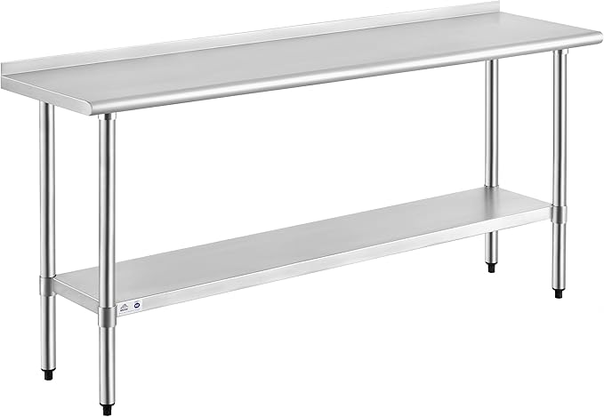 ROCKPOINT Stainless Steel Table for Prep & Work with Backsplash 18x72 Inches, NSF Metal Commercial Kitchen Heavy Duty Table with Adjustable Under Shelf and Table Foot for Restaurant, Home and Hotel