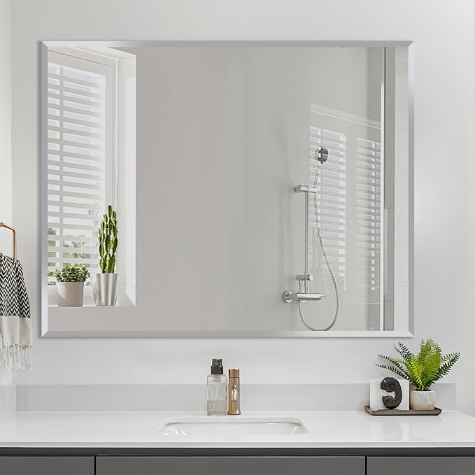 Frameless Beveled Edge Bathroom Mirror 36x24 Inch Rectangle Wall Mirror Explosion Proof and Shatterproof Bathroom Vanity Mirror Wall Mounted Hang Firmly (Horizontal or Vertical)
