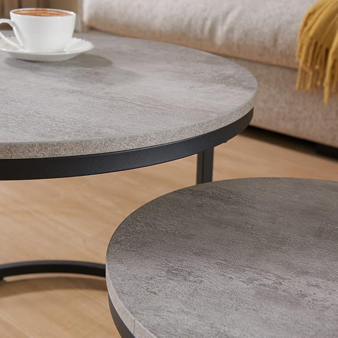 CENSI 24" Round Nesting Table, Accent Coffee Table, Grey Faux Concrete Wood Finish, Space-Saving, Modern Industrial Style