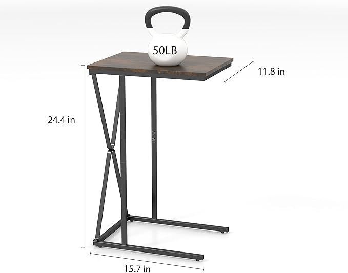Manora TV Dinner Tray Table, C Shaped End Table for Couch, Rustic Brown Slide Under Couch Table for Small Space, Living Room or Bedroom