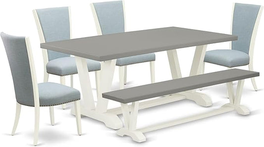 East West Furniture V097VE215-6 6 Piece Kitchen Table Set Contains a Rectangle Dining Table with V-Legs and 4 Baby Blue Linen Fabric Parson Chairs with a Bench, 40x72 Inch, Multi-Color
