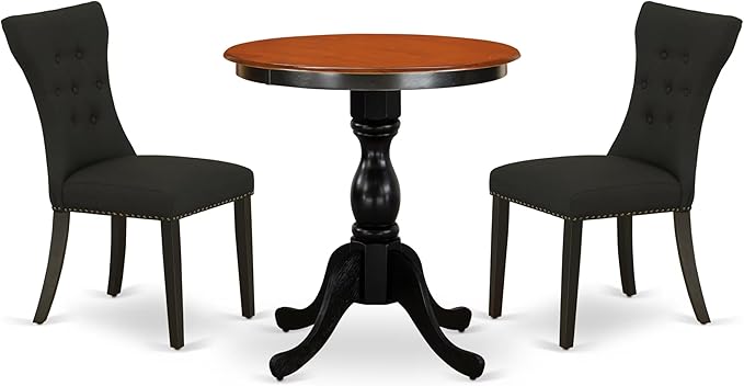 East West Furniture ESGA3-BCH-24 3 Piece Kitchen Table Set for Small Spaces Contains a Round Dining Room Table with Pedestal and 2 Black Linen Fabric Padded Chairs, 30x30 Inch, Black & Cherry