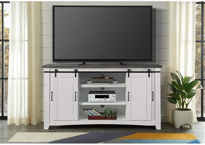 Martin Svensson Home Rustic 65” Solid Wood TV Stand with Storage, White Stain with Grey Stain Top