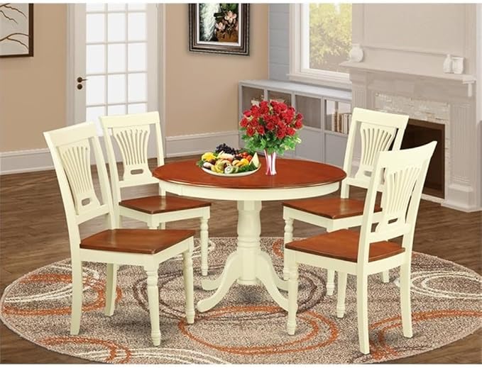 East West Furniture HLPL5-BMK-W 5 Piece Dining Room Furniture Set Includes a Round Kitchen Table with Pedestal and 4 Dining Chairs, 42x42 Inch, Buttermilk & Cherry