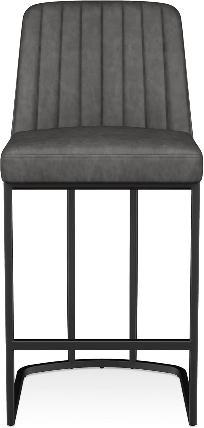 Counter Height Bar Stools Set of 4, Upholstered Leather Barrel Barstools with Back and Metal Legs for Kitchen Island, 27.4" Seat Height, Fabric in Faux Leather, Rustic Grey
