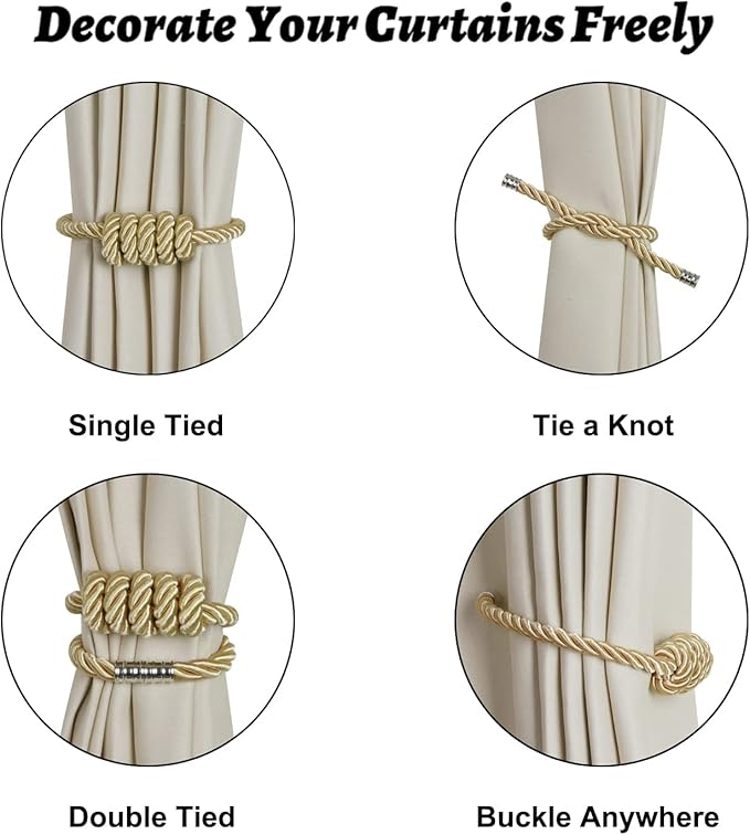 BEL AVENIR Magnetic Curtain Tiebacks, Decorative Drapery Holdbacks Modern Woven Tie-Backs with Exquisite Knot (Gold, 2 Pack)