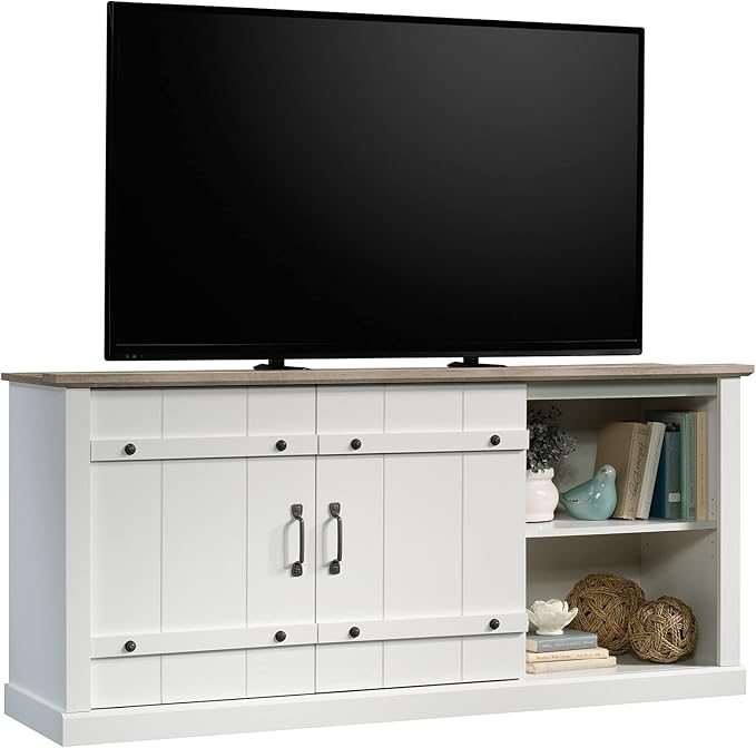 Sauder Miscellaneous Entertainment Farmhouse TV Stand, for TVs up to 70", Soft White Finish