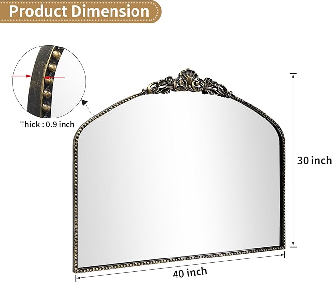 G-LEAF Vintage Baroque Mirror 40"X30",Victorian Antique Farmhouse Mantel Mirror with Black Brush Gold Ornate Metal Frame for Fireplace Entryway Living Room Hallway Bathroom