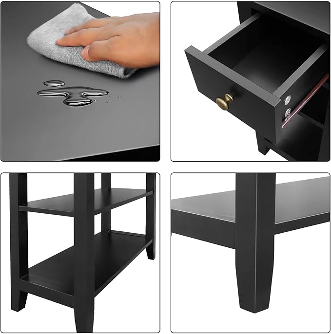 ChooChoo Side Table Living Room, Narrow End Table with Drawer and Shelf, 3-Tier Sofa End Table for Small Space, Black