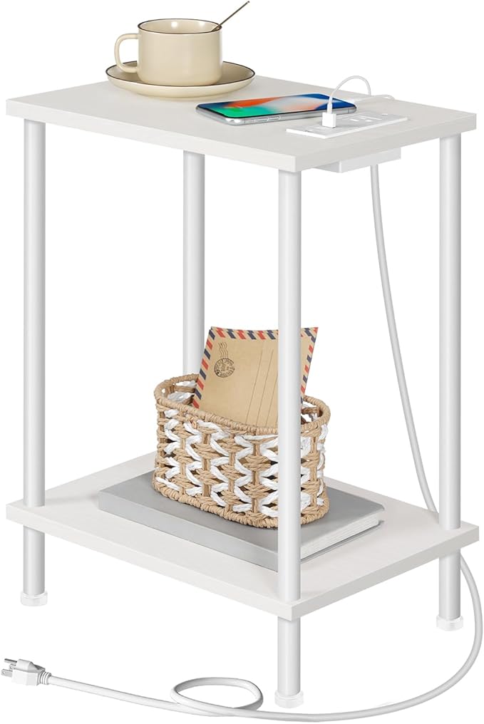 HOOBRO Side Table with Charging Station, End Table with USB Ports and Outlets, Nightstand with 2-Layer Storage Shelves for Small Spaces, Living Room, Bedroom, White WW09UBZ01