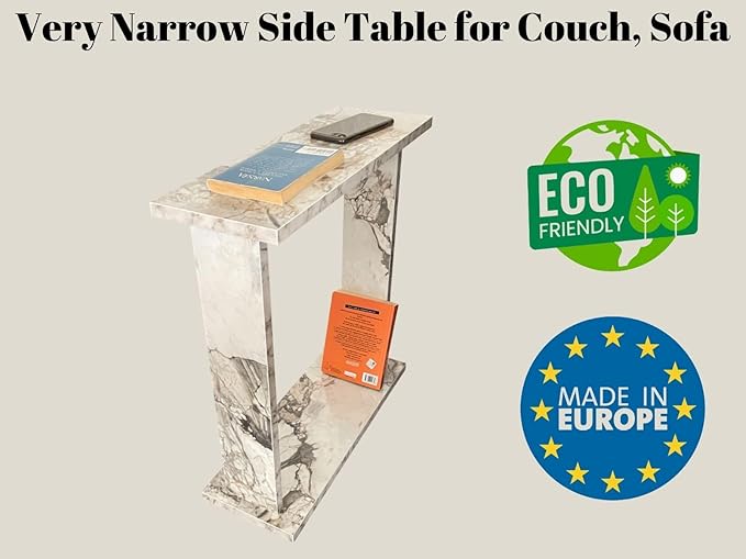 Very Narrow Side Table for Living Room, Small Apartment Space Between Chairs Skinny Table for Recliner, Couch, Armchair, Thin Slim End Table for Living Room, Bedroom, Beverages (White Marble)
