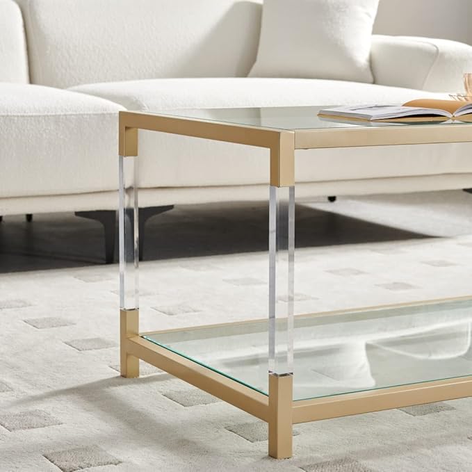 AGV LIGHTING 202205 BLEVIO Coffee Table, Modern Design Dual-Layer Coffee Table, Perfect for Living Space, Ultra-Clear Glass Top, Transparent Acrylic Leg & Gold Finish Metal Frame