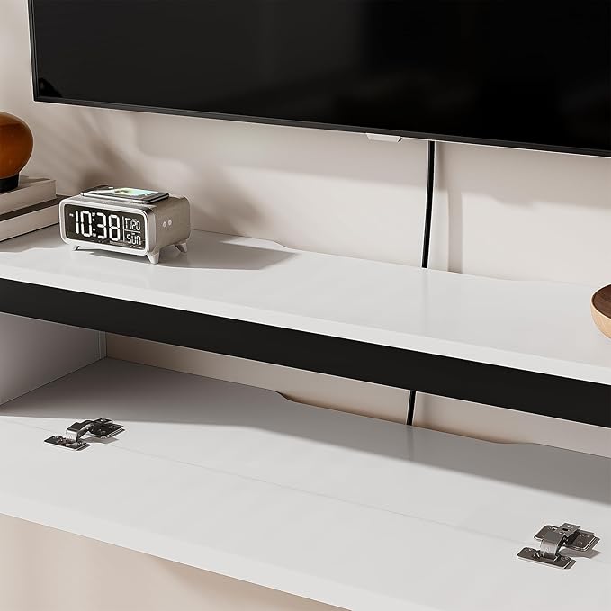 Fully-Assembled Floating TV Stand, 47IN High Gloss Wall Mounted Entertainment Center, Modern Media Console with Storage, Under TV Shelf for Bedroom Living Room White